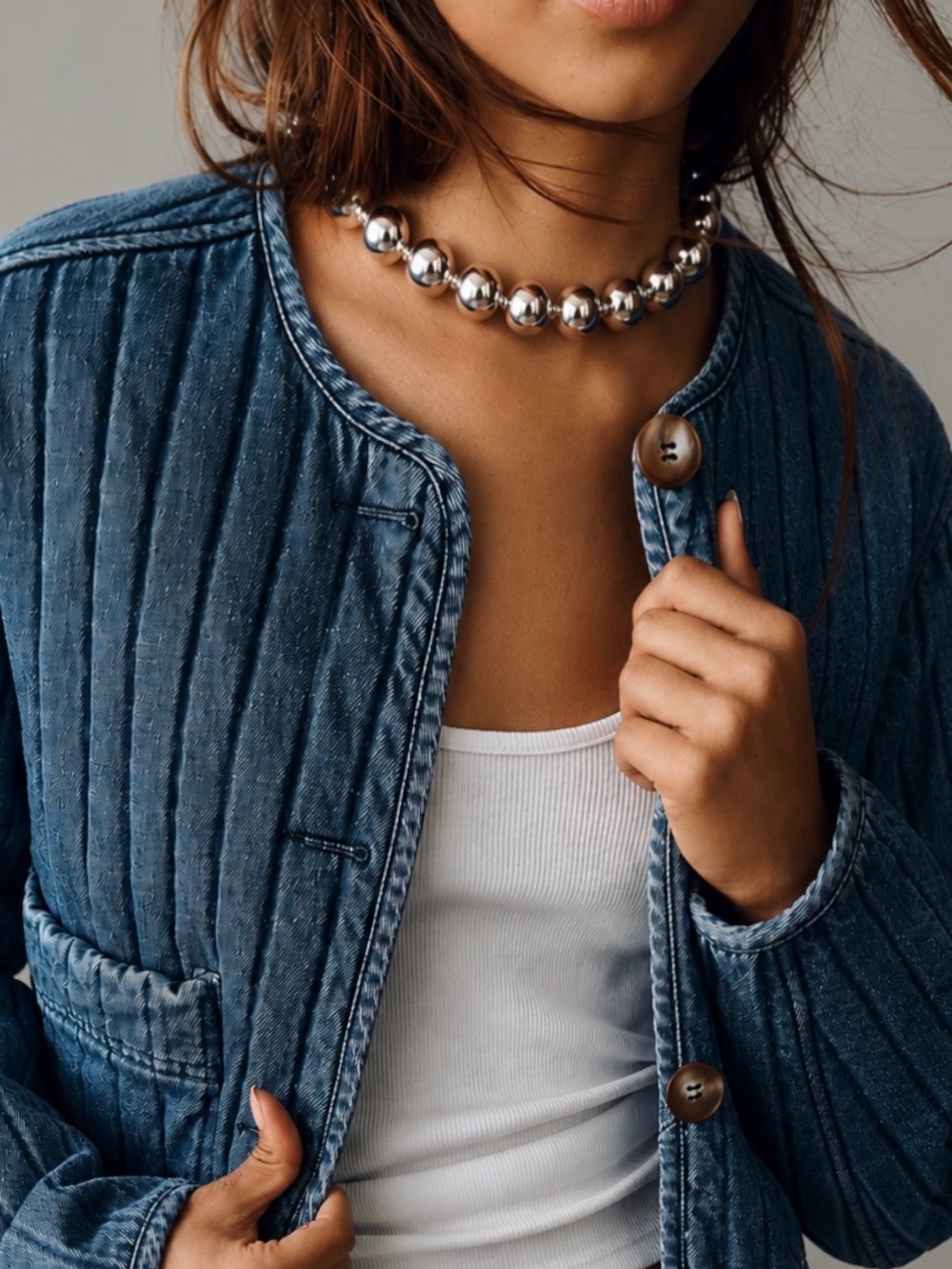 Anthropologie Modern Silver Plated Beaded Collar Necklace - Picture 2 of 3